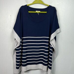 Entro Navy Blue Gray White Stripe Poncho Scoop Neck Sweater 1X